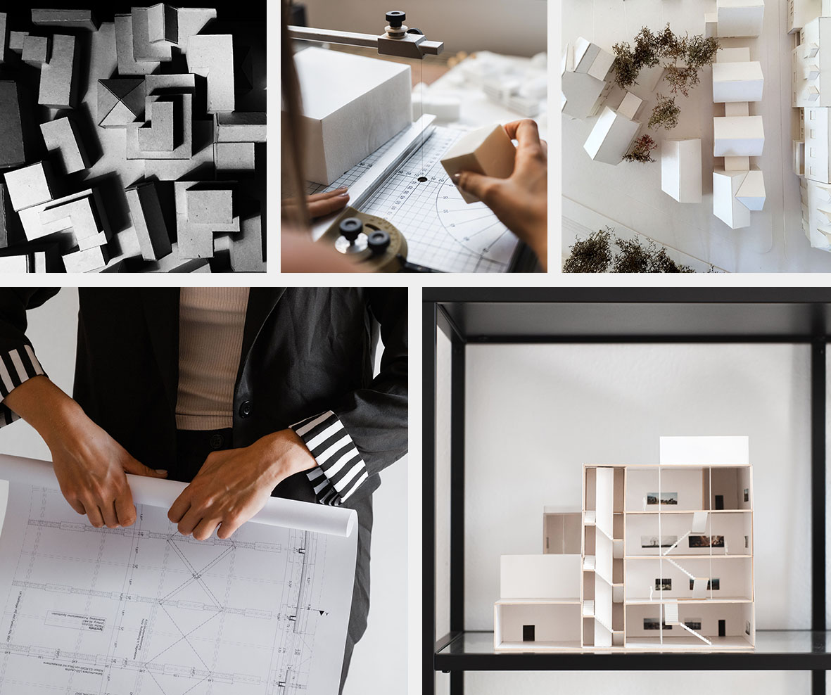 Architekturentwürfe einer digitalen Architektin mit Architekturmodellen und Architekturplänen Architekturentwürfe einer digitalen Architektin mit Architekturmodellen und Architekturplänen